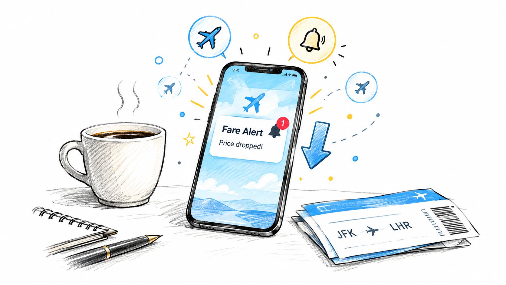 A smartphone displaying a travel fare alert notification next to a coffee cup and airline boarding passes.