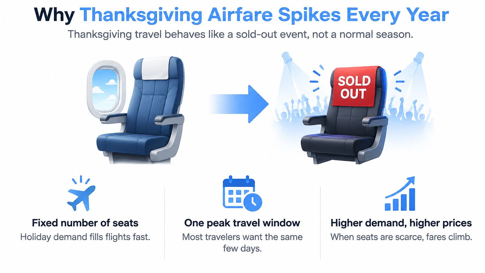 An infographic explaining why airfare prices spike during the Thanksgiving holiday due to limited seats and demand.
