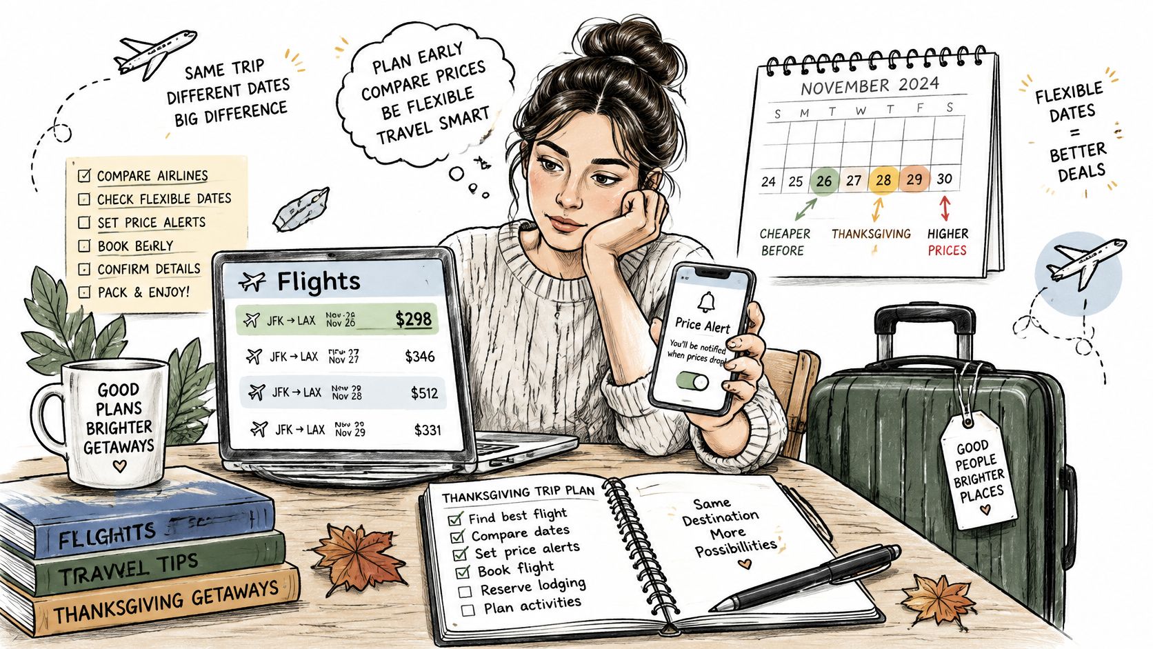 A woman planning Thanksgiving travel by comparing flight prices and setting alerts on her laptop and phone.