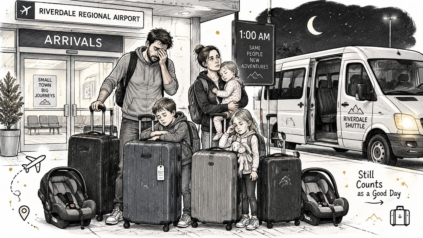 A tired family with young children and luggage waiting for a late night airport transfer shuttle service.