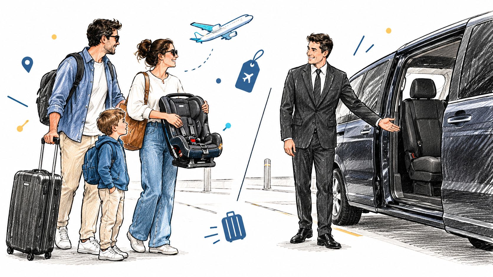 A family with a child and travel luggage is greeted by a professional driver for airport transfer.