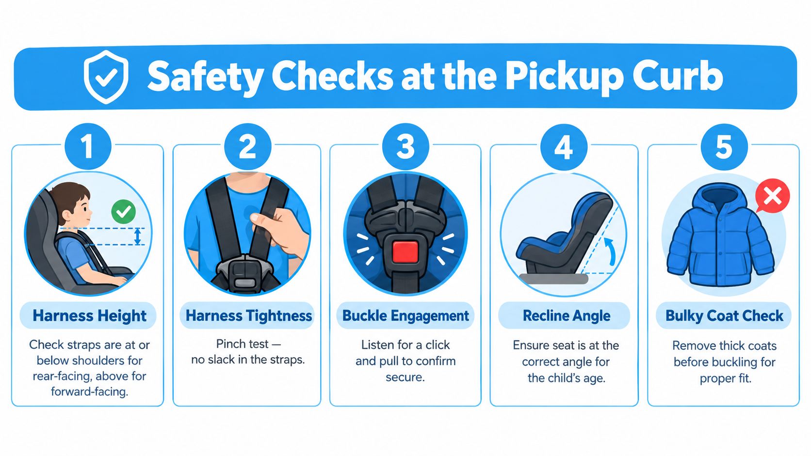 A safety infographic showing five essential steps for properly securing a child in a car seat.