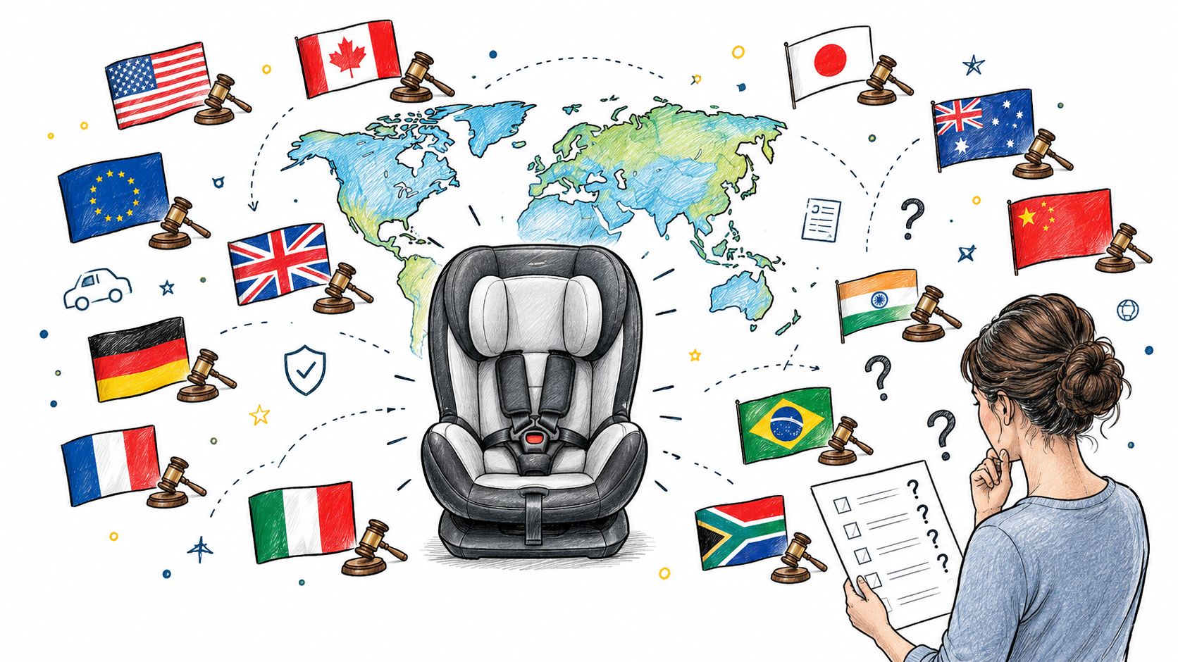 A woman looks at a checklist regarding car seat safety regulations across various international flags and countries.