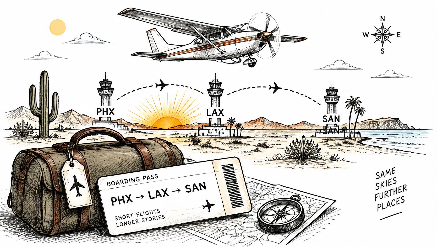 A hand-drawn illustration showing an airplane flying above three air traffic control towers labeled PHX, LAX, and SAN.