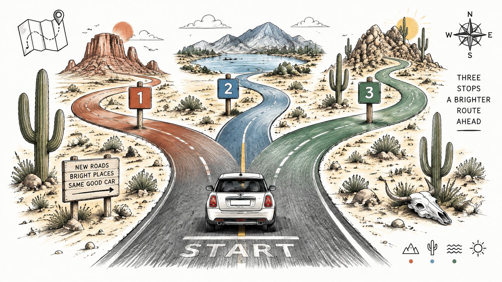 An illustration of a car starting a journey with three numbered road paths in a desert landscape.