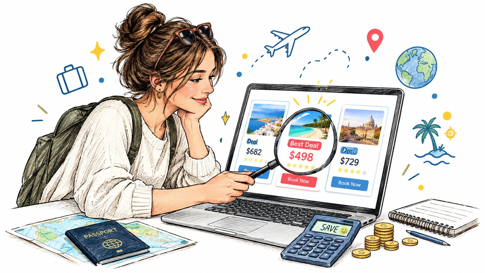 A woman looks at travel deals on a laptop with a magnifying glass while planning a trip.
