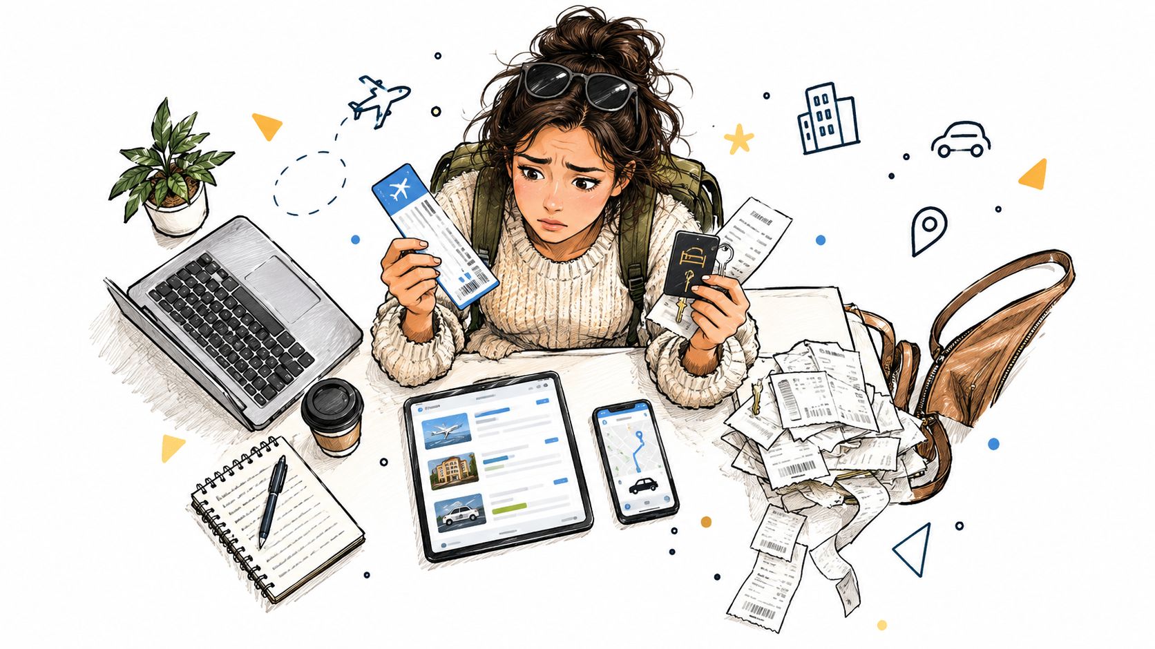 A young woman looking stressed while planning her travel arrangements with a laptop, tablet, phone, and receipts.