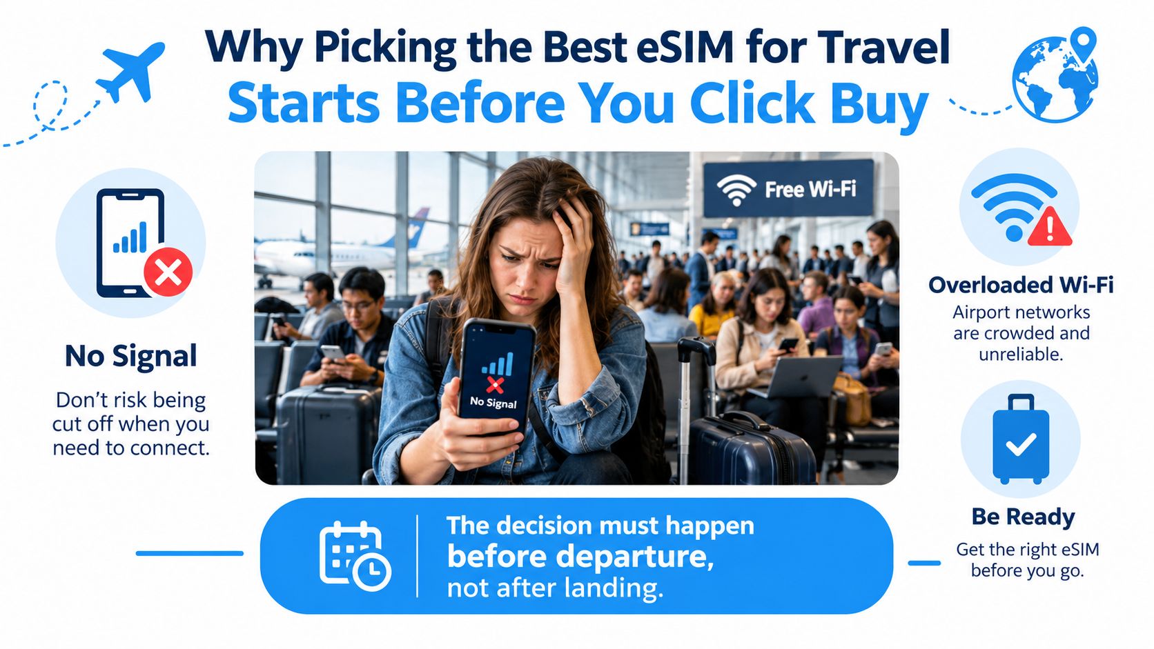 A woman looks frustrated at her smartphone while waiting at an airport with poor signal coverage.