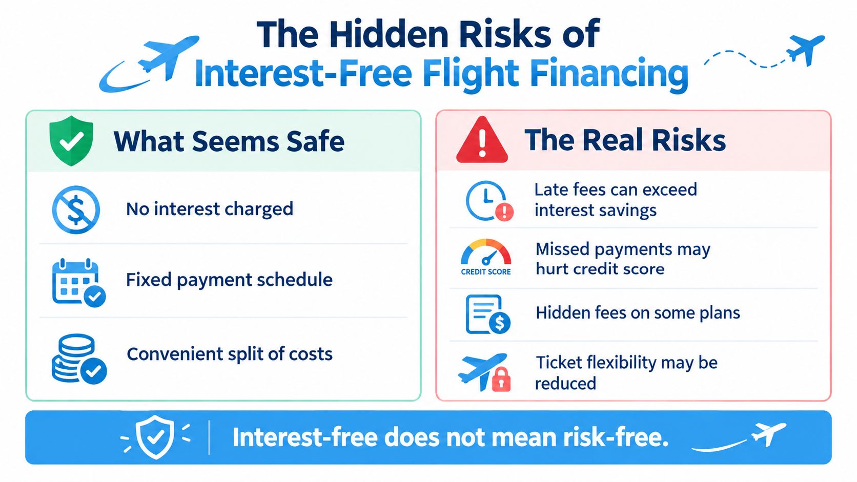 An infographic titled The Hidden Risks of Interest-Free Flight Financing detailing the pros and cons.