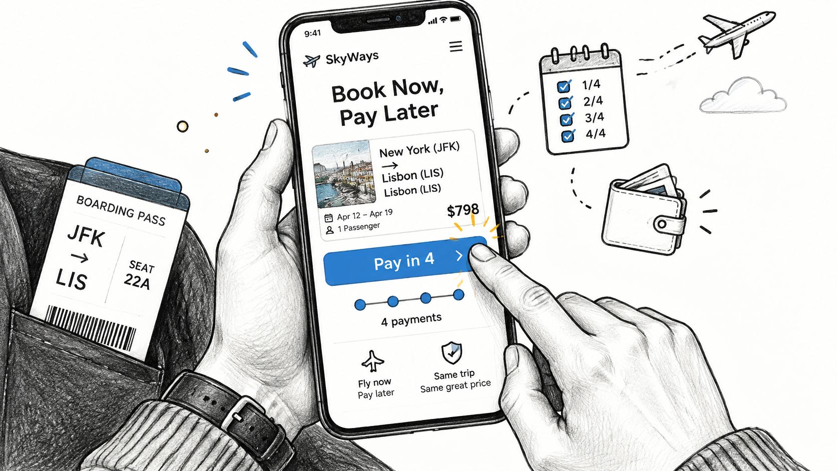 A person using a smartphone app to book a flight with a pay later installment plan.