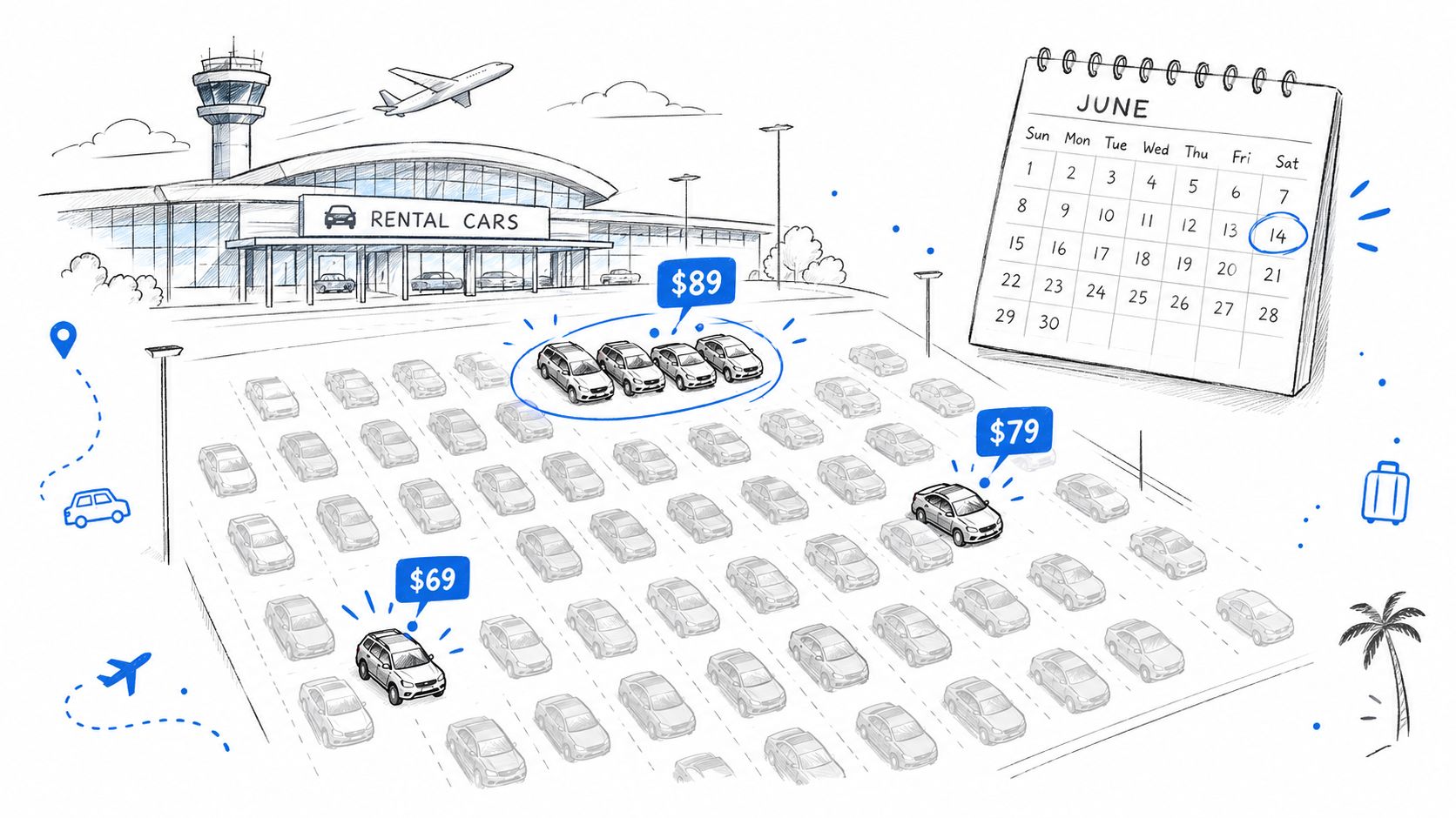 A line drawing showing a rental car facility with various prices listed above different vehicle selections.