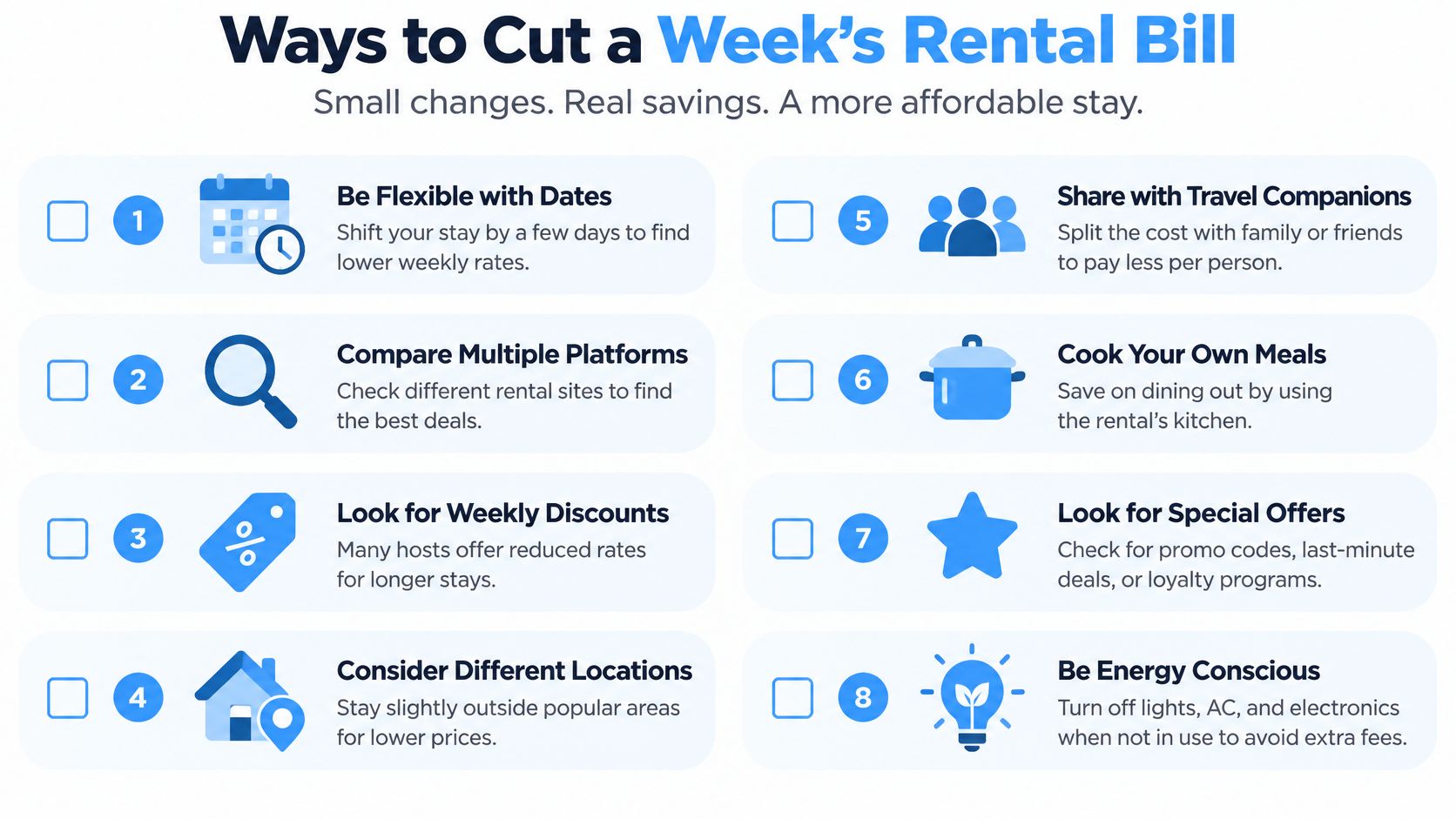 An infographic showing eight practical tips to reduce your weekly rental bill costs and save money.