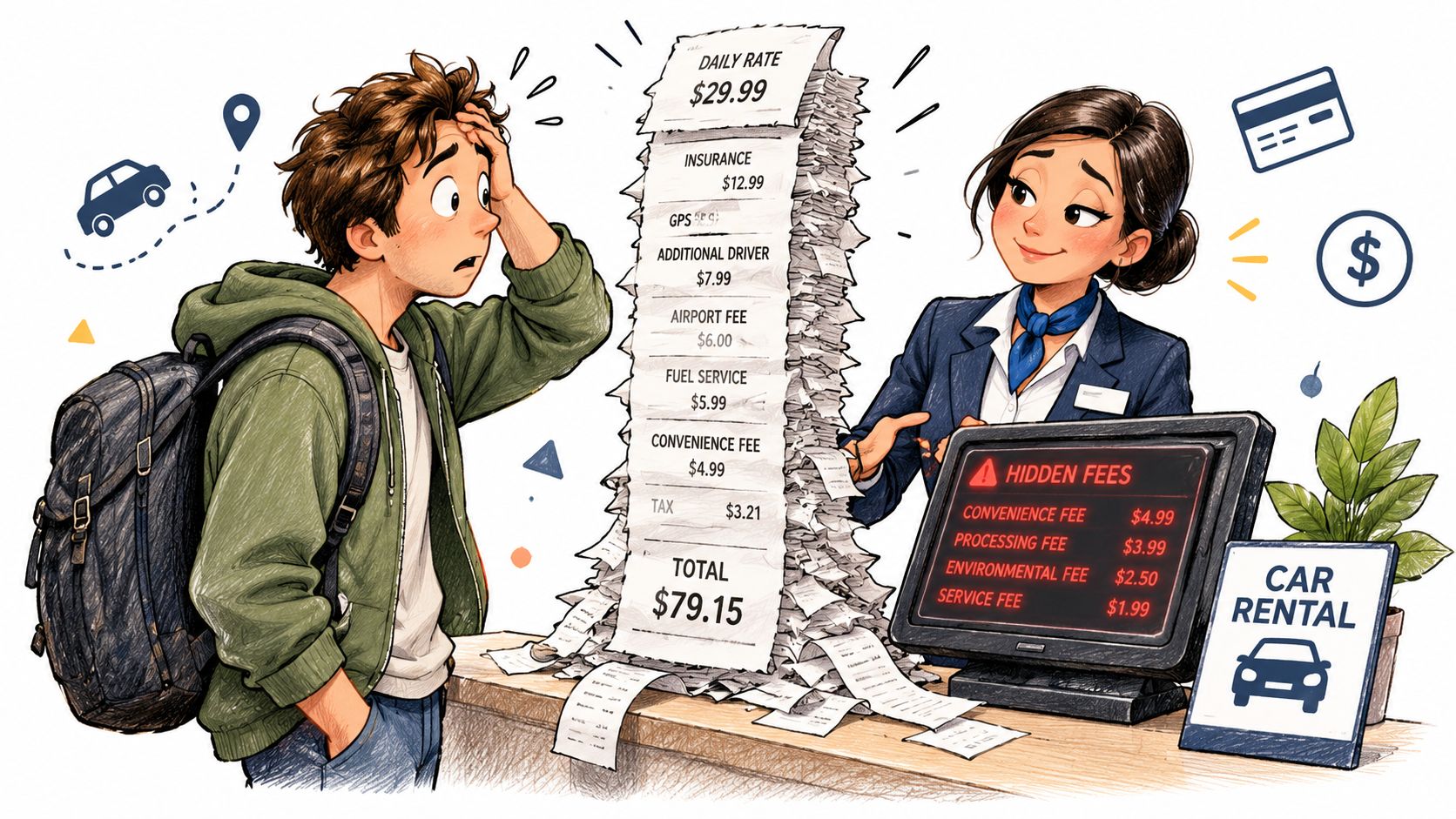 A confused young man looks at a massive, long receipt at a car rental desk counter.