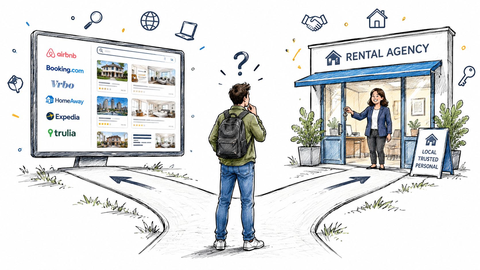 A traveler standing at a crossroads deciding between booking online platforms or a local rental agency.