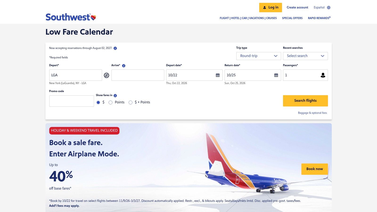 Southwest Airlines Low Fare Calendar