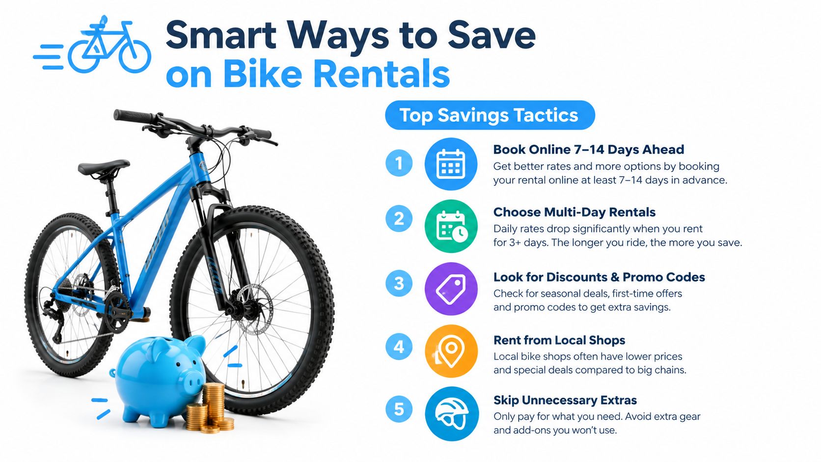 An infographic illustrating five smart tips to save money when renting a bicycle for travel or recreation.