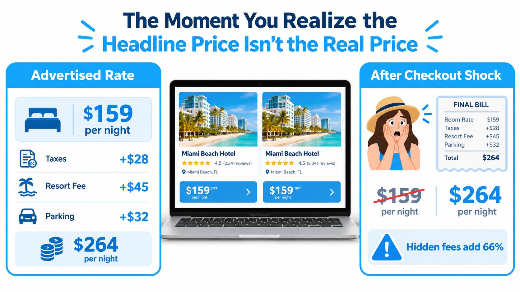 An infographic illustrating how hidden hotel fees increase the advertised price of a room to a higher total.
