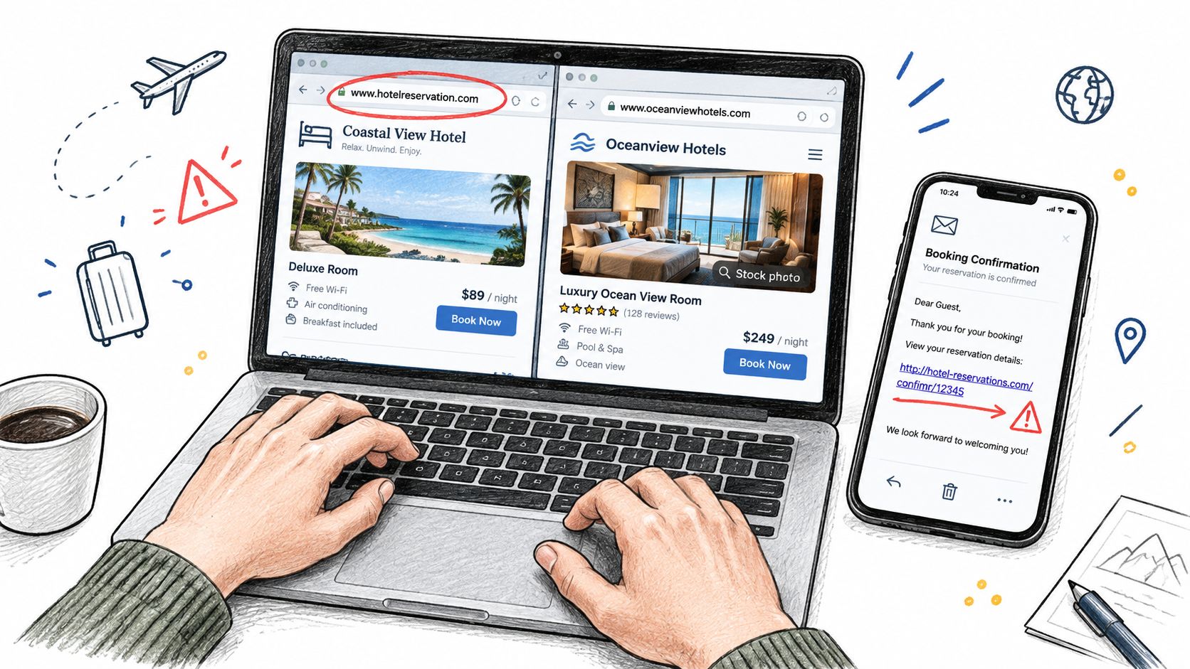 A person using a laptop and smartphone to research hotel reservations and confirm travel bookings online.