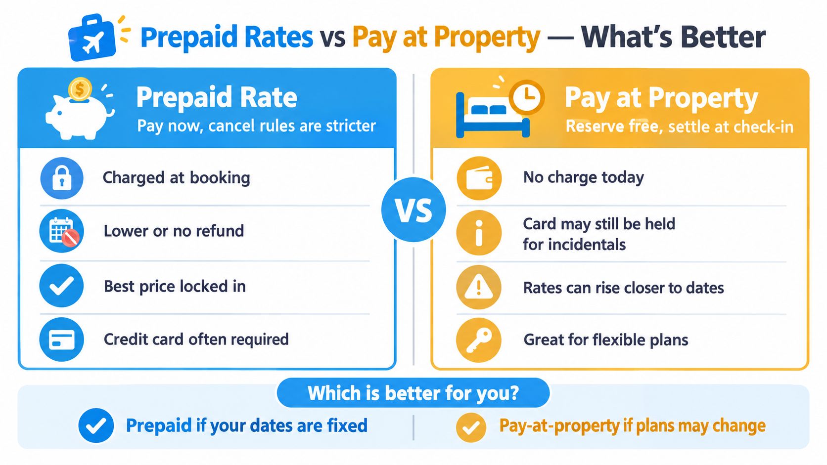 An infographic comparing prepaid hotel rates versus paying at the property, highlighting pros and cons of each.