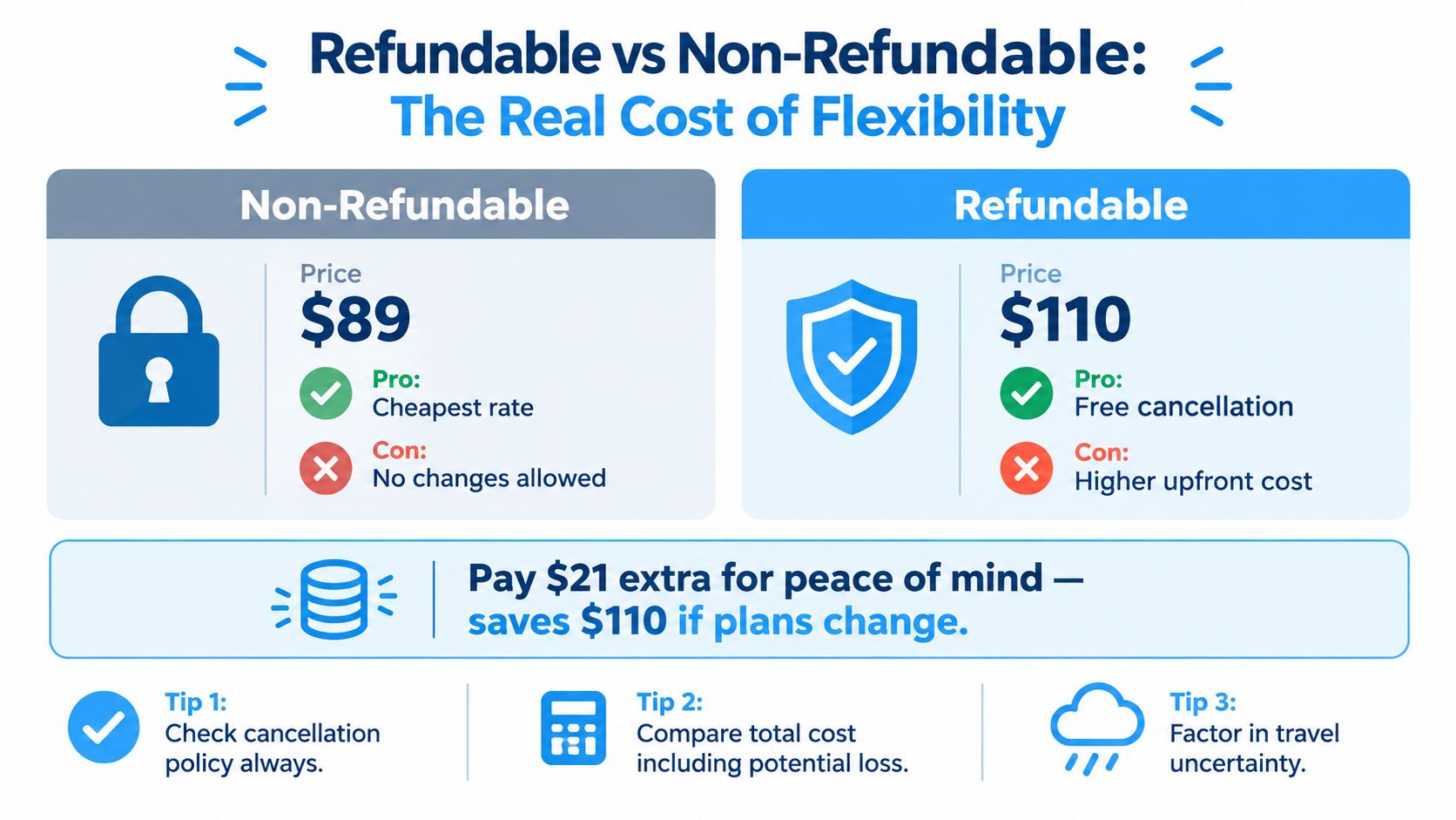 A comparison chart showing the price, pros, and cons of refundable versus non-refundable hotel booking options.