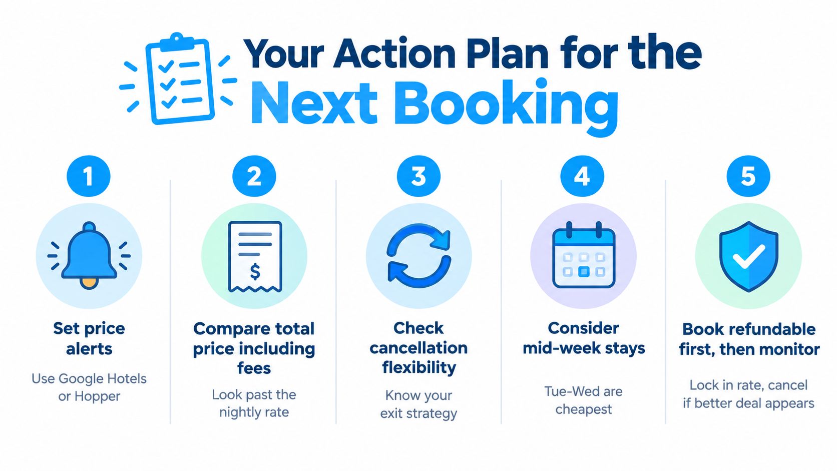 An infographic titled Your Action Plan for the Next Booking, listing five tips for saving on hotel reservations.