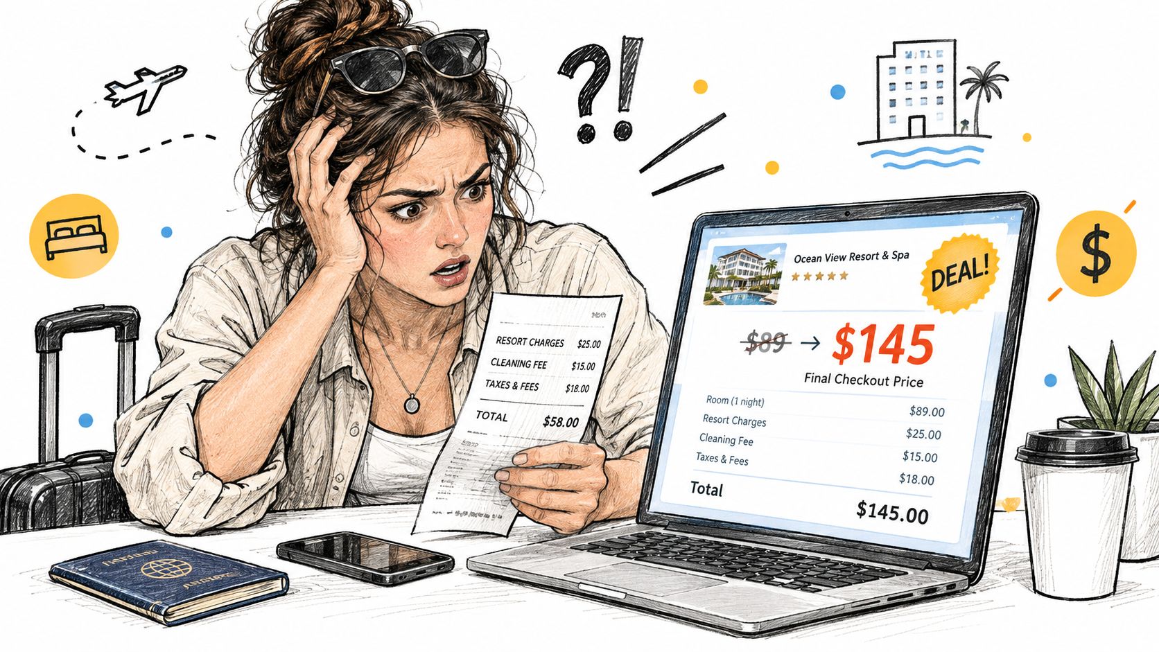 A frustrated woman looking at a laptop showing high hidden hotel fees compared to her receipt.